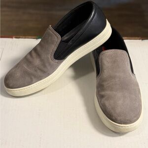 Prada Men's Taupe Suede Slip-On Sneakers with Black Heel